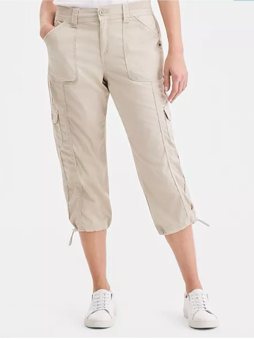 Style & Co Women’s Sz 12 Beige Cargo Capris Mid Rise Bungee Cord Hem Cotton